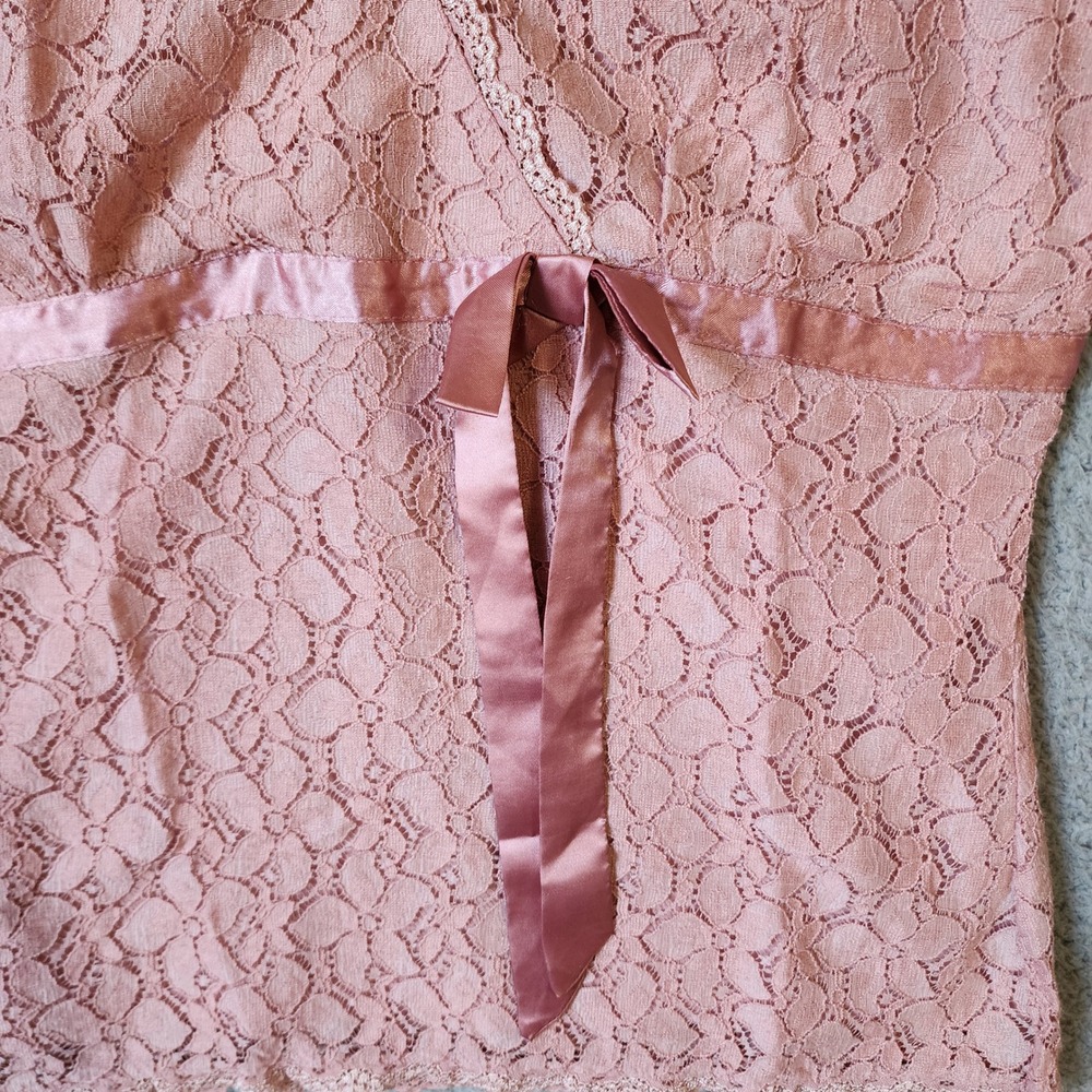 Y2K Merona Lace Blouse Women XL Pink Short Sleeve Empire Waist Satin Tie V-Neck - Picture 4 of 10